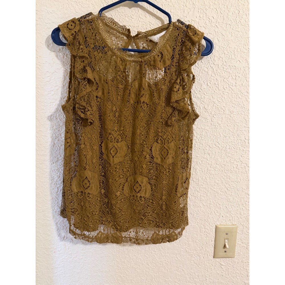 Adiva Womens Floral Lace Ruffle Sleeveless Blouse Mustard Olive XS New